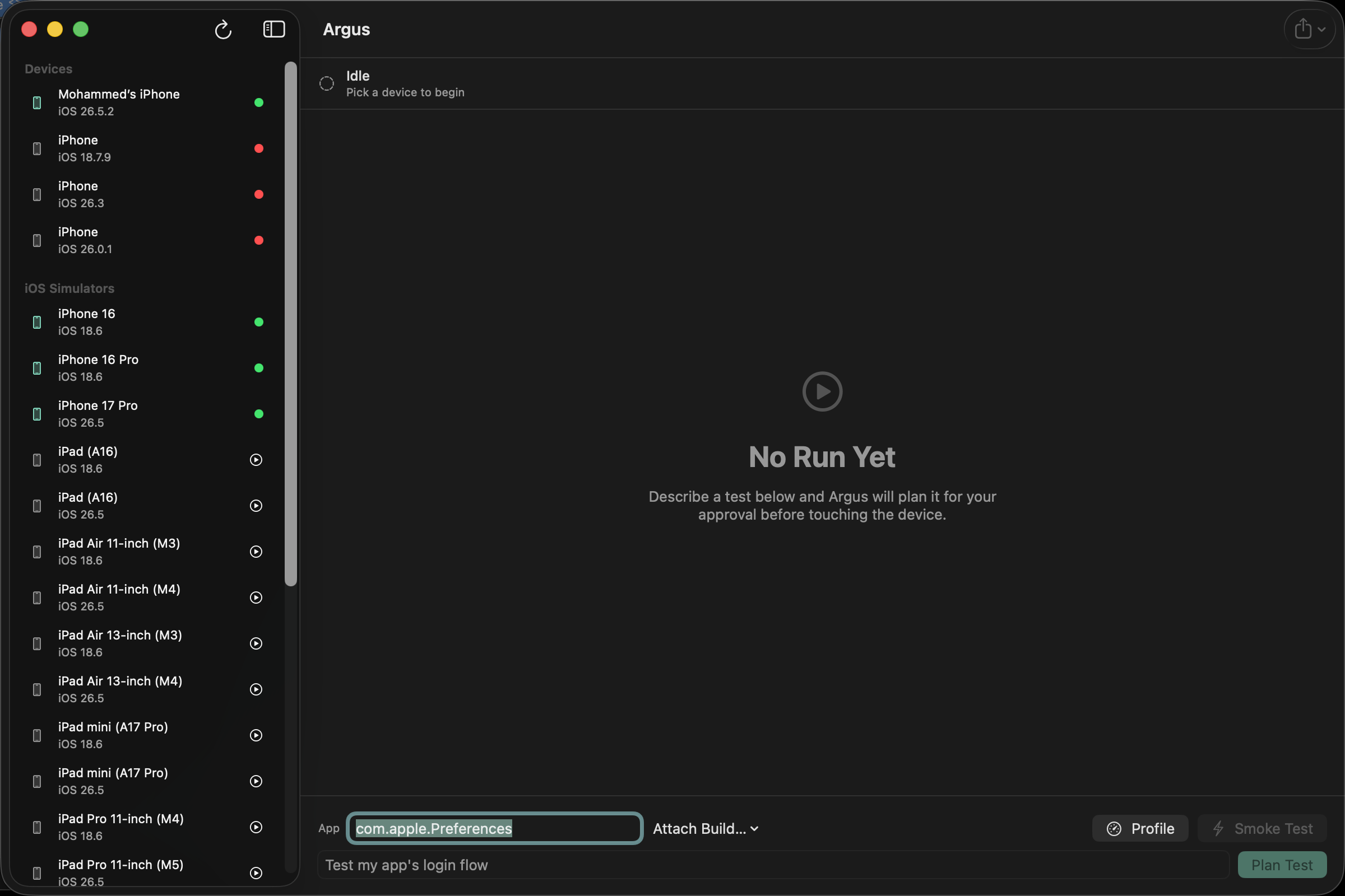 The Argus macOS app: a sectioned sidebar of iPhones and simulators beside a run panel